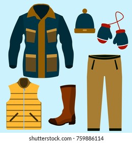 Set of warm winter clothes design. Scarf and winter fashion, winter hat, winter coat, cloth and hat, jacket and glove, coat and boot, outerwear seasonal illustration EPS