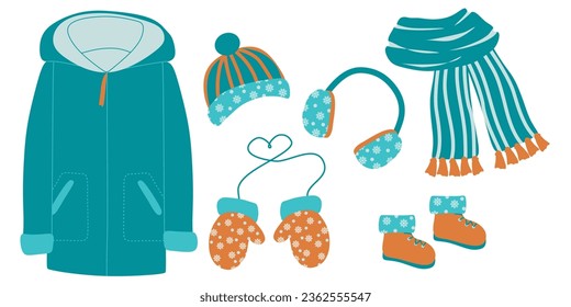 Set de ropa de invierno cálida. Sombrero, par de Mittens, Abrigo y botas. Ilustración vectorial aislada en blanco. Tela de estilo plano Tela protectora para el tiempo frío, decoración de vacaciones. Diseñar accesorio de lana de arte.