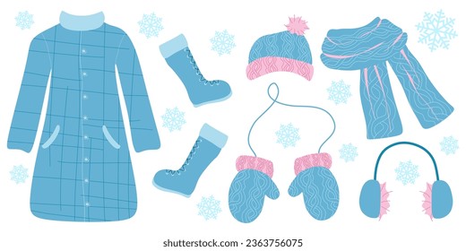 Set of Warm winter Clothes. Hat, Pair of Mittens, Coat and boots. Vector illustration isolated on white. Flat style Warm Clothes for cold weather, holiday decoration. Design art color wool accessory.