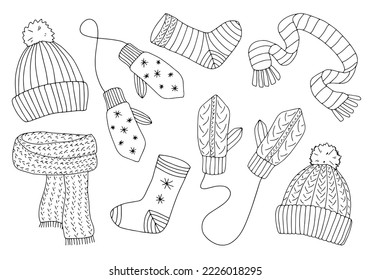 Set of warm winter clothes, knitted accessories, rope mittens, socks, hats with pompoms, scarves. Hand-drawn outline drawing, vector isolated on white background. Winter doodles.