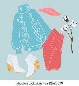A set of warm winter clothes in pink and blue tones. Ready fashionable look with a sweater, jeans and a beret. Stylish women's clothing. Vector illustration in a flat style.