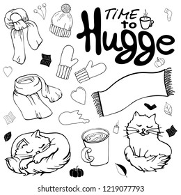 Set of warm winter clothes in the style of Hugge. Collection of monochrome isolated objects in the style of Hugge. Winter scarf, winter hat, warm mittens and blanket, cocoa and fluffy cat.