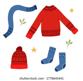 Set of warm winter clothes, sweater, scarf and hat, knitted items, clothes clipart