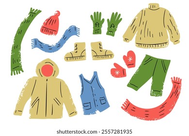 A set of warm winter clothes. Vector illustration in retro style.