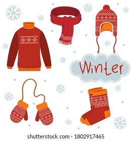 Set of warm winter clothing with ornaments, color vector illustration, clipart, design, decoration, banner
