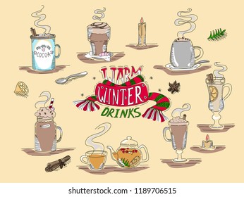 Set warm winter cozy drinks