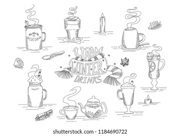 Set warm winter drinks, hand drawn, outline
