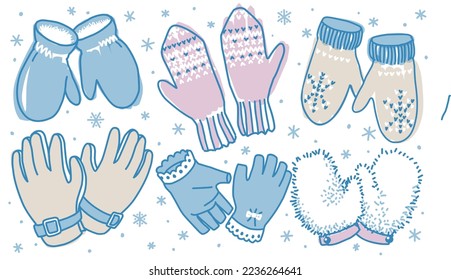 A set of warm winter gloves and mittens.