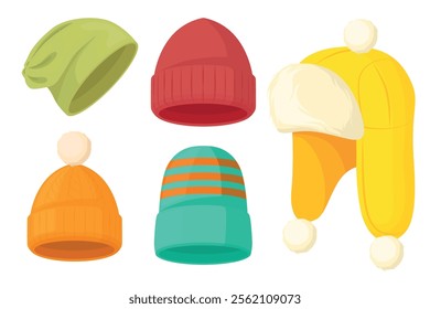 Set of warm winter hats in cartoon style. Vector illustration of colored hats, earflaps, different designs: knitted, and striped, with pompoms isolated on white background. Headwear. Protection from w