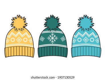 Set of warm winter hats with pom-pom. Outline. A hats with a snowflake pattern.