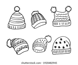 A Set Of Warm Winter Hats With Pom-poms. Doodle Style. Hand Drawn Vector Illustration On White Background In Black Outline. Cozy Winter Warm Clothes.