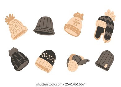 Set of warm winter hats in various designs