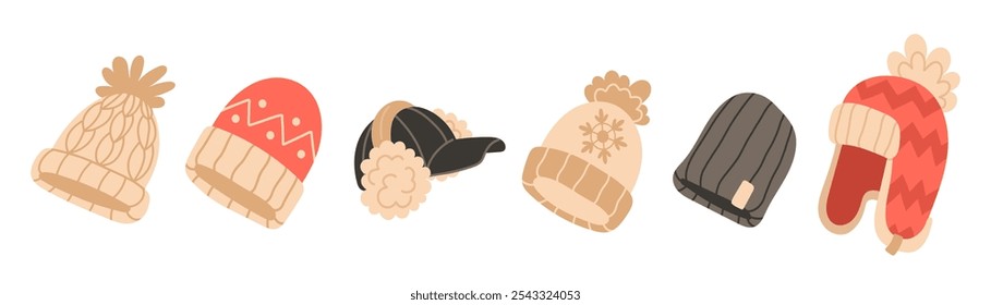 Set of warm winter hats in various designs