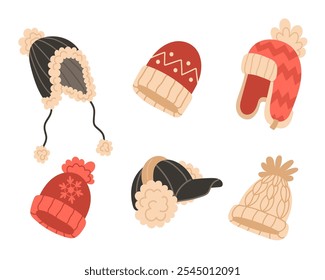 Set of warm winter hats in various designs