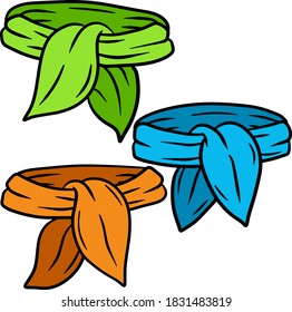 Set of Warm winter scarf. Green, blue, orange cartoon illustration. Autumn clothes for the neck. Fashionable neckerchief