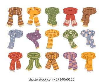 Set of warm winter scarves hand drawn cold weather seasonal fashion garment vector illustration