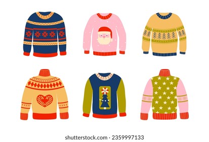 Set of warm winter ugly sweaters. Knitted pullowers. Cozy season. Christmas, New Year celebration. Retro vintage colors.