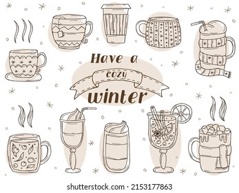 Set of a warming winter drinks on a white background. Vector illustration in doodle style. Winter mood. Hello 2023. Merry Christmas and Happy New Year. 