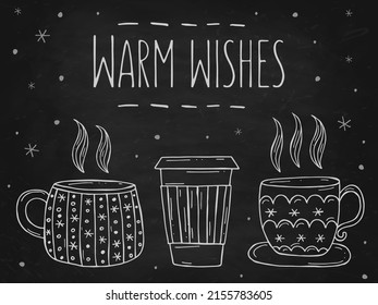 Set of a warming winter drinks on a black chalk board. Vector illustration in doodle style. Winter mood. Hello 2023. Merry Christmas and Happy New Year. 