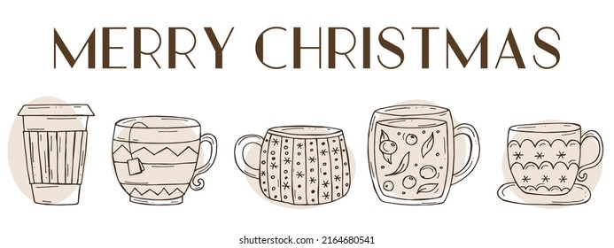 Set von warmen Wintergetränken auf weißem Hintergrund. Vektorgrafik im Doodle-Stil. Winterstimmung. Hallo 2023. Frohe Weihnachten und glückliches neues Jahr. 