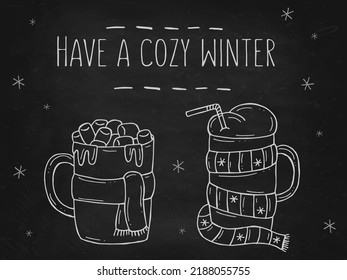 Set of a warming winter drinks on a black chalk board. Vector illustration in doodle style. Winter mood. Hello 2023. Merry Christmas and Happy New Year. 