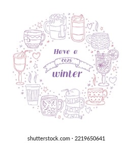 Set of a warming winter drinks on a white background. Vector illustration in doodle style. Winter mood. Hello 2023. Merry Christmas and Happy New Year. 