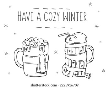 Set of a warming winter drinks on a white background. Vector illustration in doodle style. Winter mood. Hello 2023. Merry Christmas and Happy New Year. 