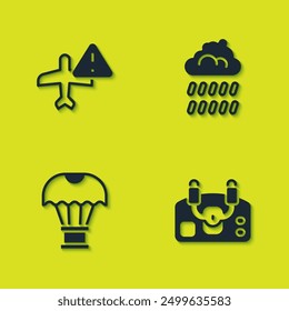 Set Warning aircraft, Aircraft steering helm, Box flying on parachute and Cloud with rain icon. Vector