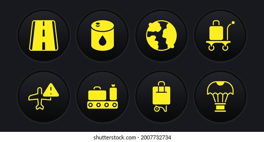 Set Warning aircraft, Trolley baggage, Conveyor belt with suitcase, Suitcase, Worldwide, Barrel oil, Box flying parachute and Airport runway icon. Vector