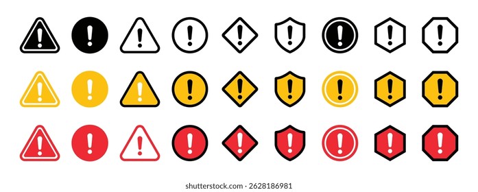 Conjunto de iconos de advertencia y alerta con signos de exclamación en varias Formas y colores triángulo, círculo, escudo; estilos negro, amarillo y rojo para peligro, precaución y Mensajes de error.