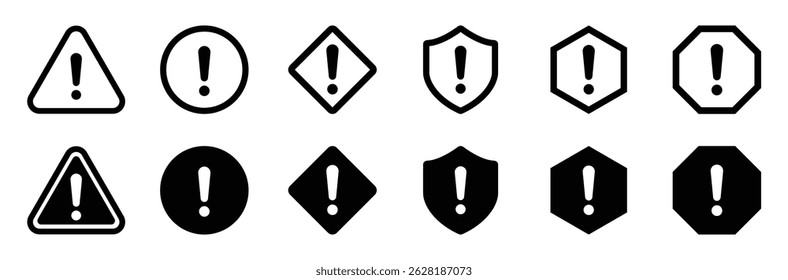 Set of warning and alert icons with exclamation marks in various shapes and colors triangle, circle, shield; black, yellow, and red styles for hazard, caution, and error messages.