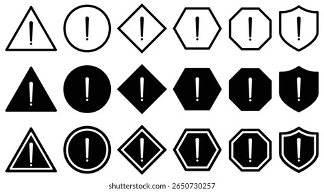 Set of warning and alert icons with exclamation marks in various shapes and colours. triangle, circle, shield with black, red, green, yellow and blue styles for hazard, caution and error messages.