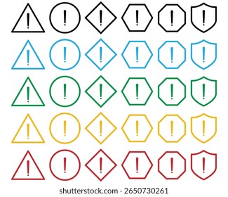 Ensemble d'icônes d'avertissement et d'alerte avec des points d'exclamation dans différentes formes et couleurs. triangle, cercle, bouclier avec des styles noir, rouge, vert, jaune et bleu pour le danger, la prudence et les messages d'erreur.
