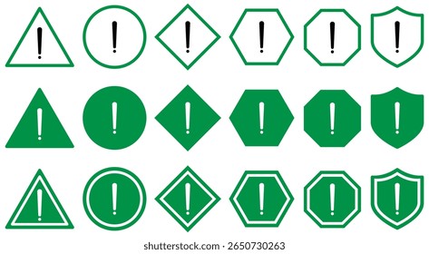 Conjunto de ícones de aviso e alerta com pontos de exclamação em várias formas e cores. triângulo, círculo, escudo com estilos preto, vermelho, verde, amarelo e azul para mensagens de risco, cuidado e erro.
