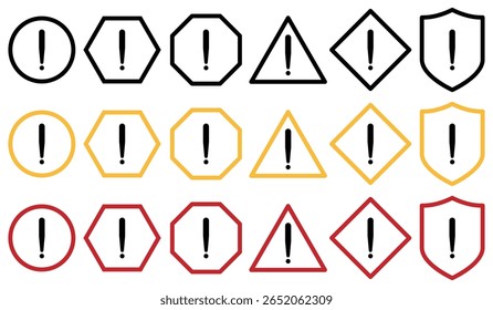 Conjunto de ícones de aviso e alerta com pontos de exclamação em várias formas e cores. triângulo, círculo, escudo com estilos preto, vermelho e amarelo para mensagens de risco, cuidado e erro.