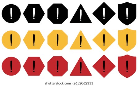 Conjunto de ícones de aviso e alerta com pontos de exclamação em várias formas e cores. triângulo, círculo, escudo com estilos preto, vermelho e amarelo para mensagens de risco, cuidado e erro.