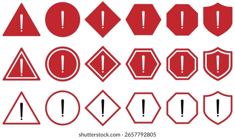 Set of warning and alert icons with exclamation marks in various shapes and colours. triangle, circle, shield with red colour styles for hazard, caution and error messages.
