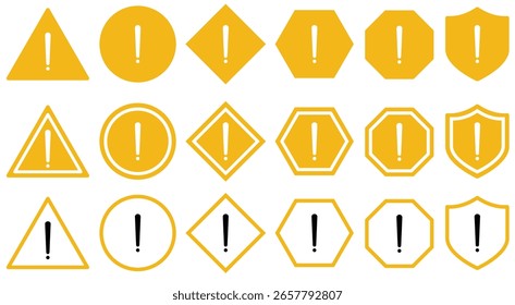 Set of warning and alert icons with exclamation marks in various shapes and colours. triangle, circle, shield with yellow colours styles for hazard, caution and error messages.
