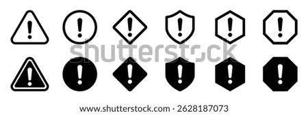 Set of warning and alert icons with exclamation marks in various shapes and colors triangle, circle, shield; black, yellow, and red styles for hazard, caution, and error messages.