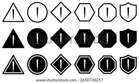 Set of warning and alert icons with exclamation marks in various shapes and colours. triangle, circle, shield with black, red, green, yellow and blue styles for hazard, caution and error messages.