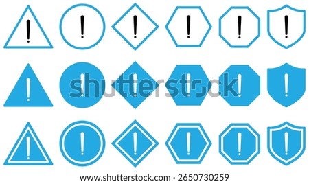 Set of warning and alert icons with exclamation marks in various shapes and colours. triangle, circle, shield with black, red, green, yellow and blue styles for hazard, caution and error messages.