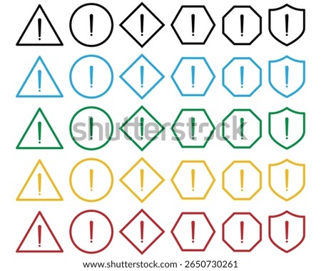 Set of warning and alert icons with exclamation marks in various shapes and colours. triangle, circle, shield with black, red, green, yellow and blue styles for hazard, caution and error messages.