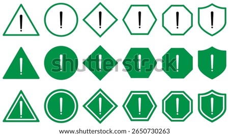 Set of warning and alert icons with exclamation marks in various shapes and colours. triangle, circle, shield with black, red, green, yellow and blue styles for hazard, caution and error messages.