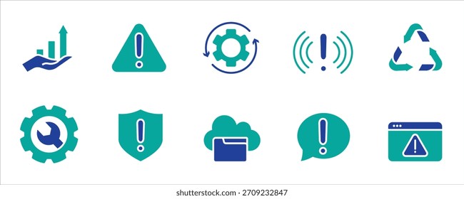 Conjunto de ícones de aviso e de linha de alerta, incluindo ponto de exclamação, mensagem de erro, campainha de notificação, blindagem e alerta de segurança, ilustração de vetor isolada