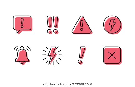 Conjunto de ícones de aviso e notificação de alerta no plano de fundo branco