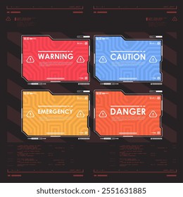 Set of warning, attention and alert symbols. futuristic game screen borders and danger signs, vector UI interface. HUD futuristic cyber technology warning frames