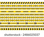 Set of warning bands for work zones. Danger ribbons. Yellow black tape. Caution barrier tapes for danger places. Seamless striped boundary lines under construction. Vector illustration.