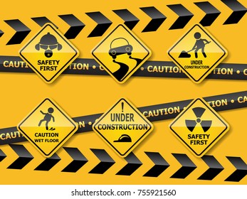 set of warning caution sign on yellow backgroun vector illustration