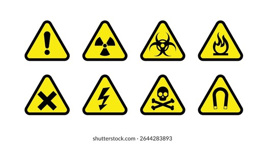 Conjunto de símbolos de advertência e cuidado gráfico vetorial com vários ícones de alerta, ideal para sinalização industrial, guias de segurança, manuais ou cartazes de conscientização de risco
