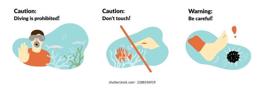 Set of warning concepts. Caution: Diving is prohibited, don't touch sea creatures, be careful in the water. Vector illustration in bright flat style. 